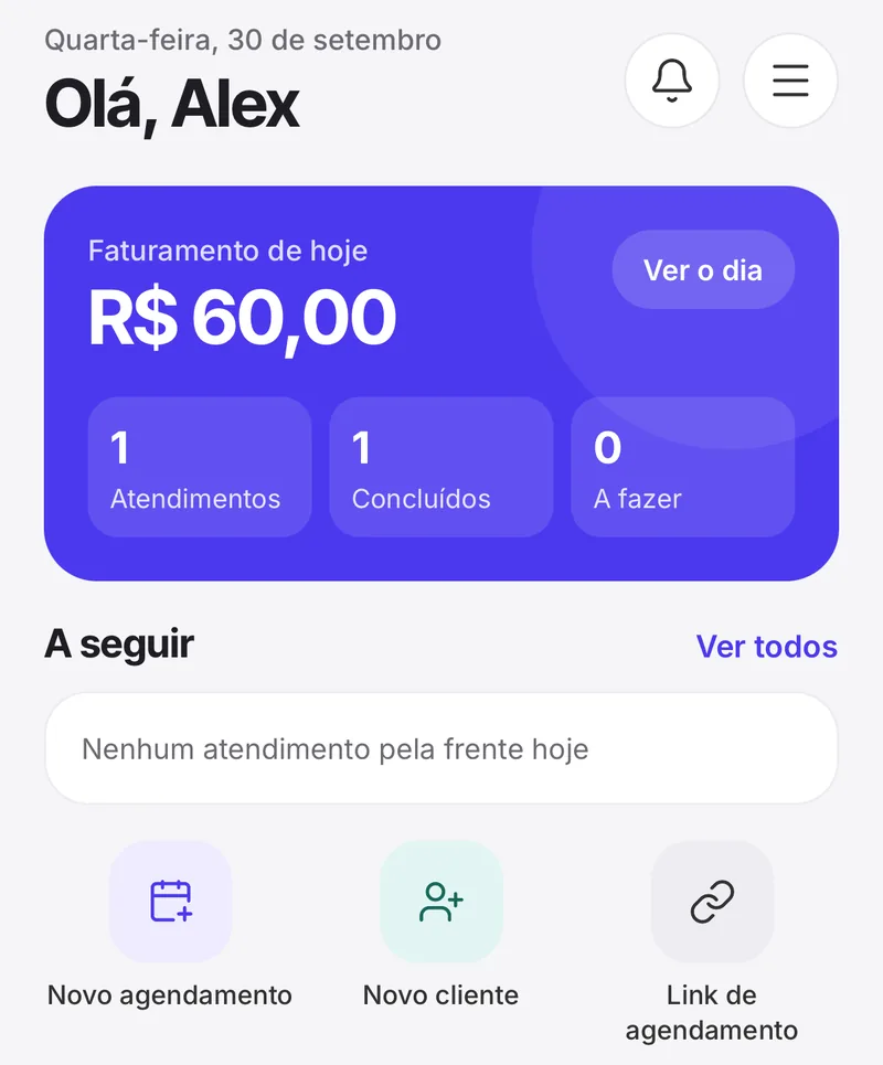Tela inicial do BTime: faturamento de hoje, atendimentos concluídos e a fazer, e atalhos para novo agendamento, novo cliente e link de agendamento.