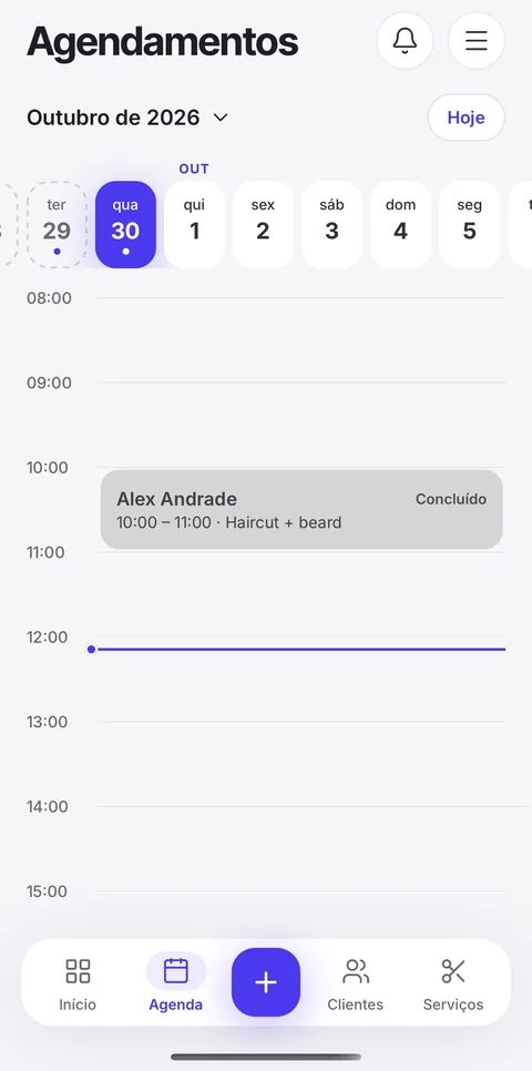 Agenda do dia no celular, com um atendimento concluído às 10h e a linha do horário atual.