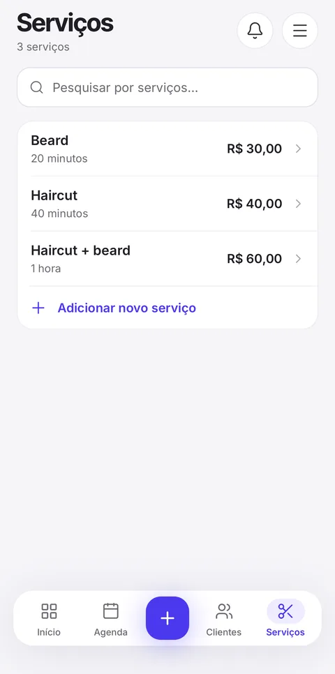 Lista de serviços no celular com duração e preço de cada um.