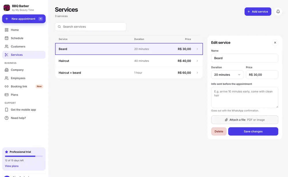 Edição de serviço na versão web, com duração, preço, orientações enviadas antes do atendimento e anexo.